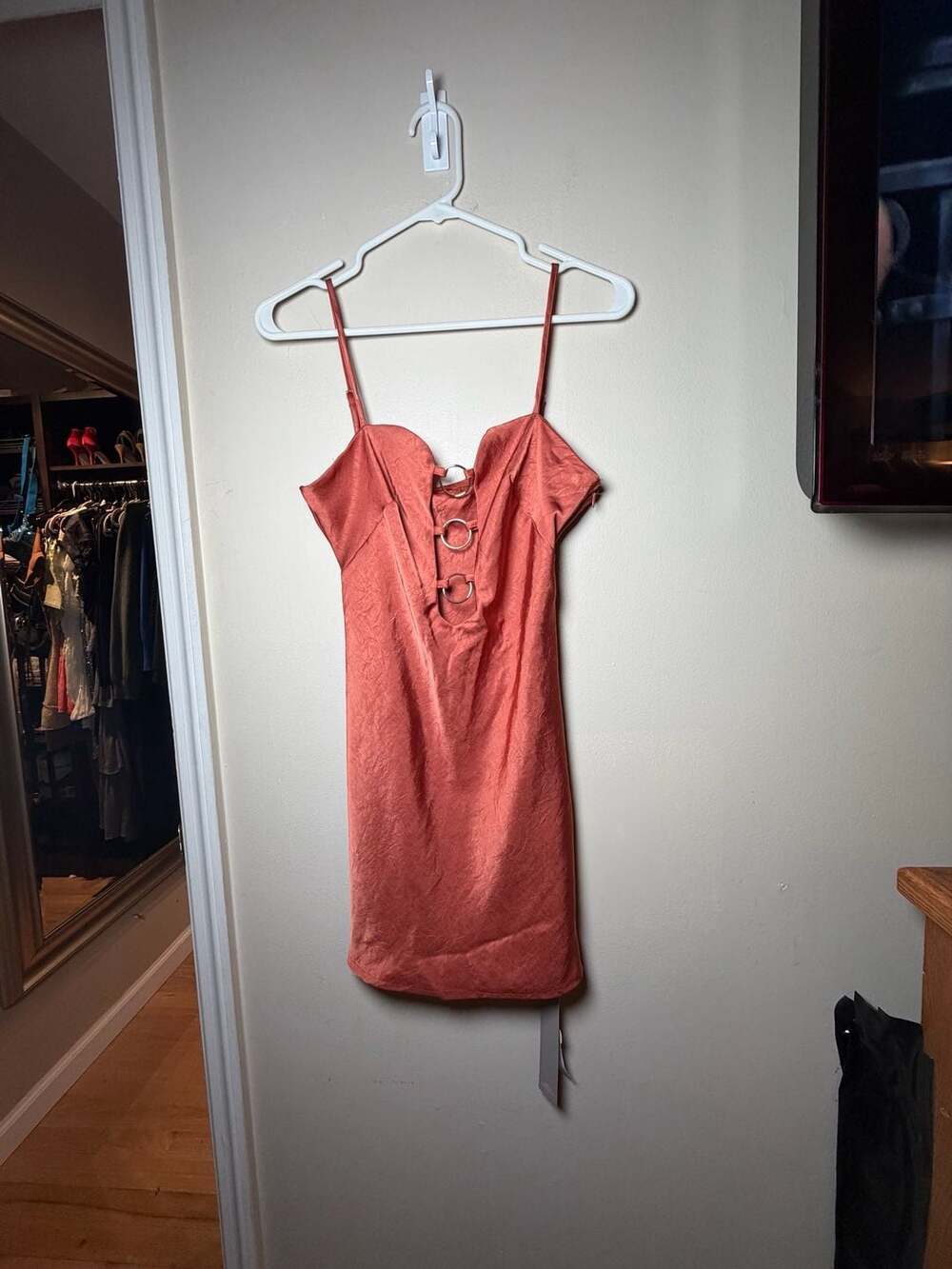 Missguided Slip Mini Dress Burnt Orange Satin Ring Detail
